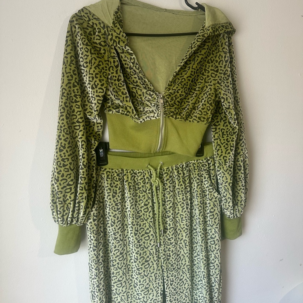 BRAT Green Leopard Print Velour Sweatsuit